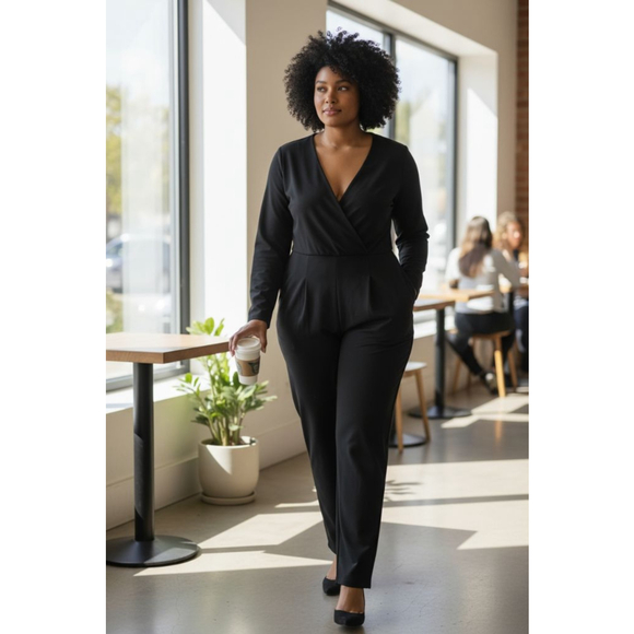 Closet London Pants - Closet London Black Long Sleeve V-Neck Jumpsuit Size 12